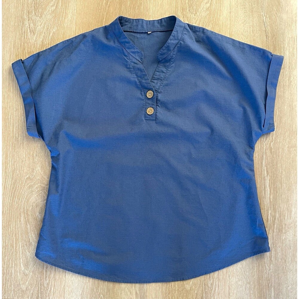 Women’s Blue Solid V-Neck Button Blouse Cap Sleeve Regular XXL Linen Blend